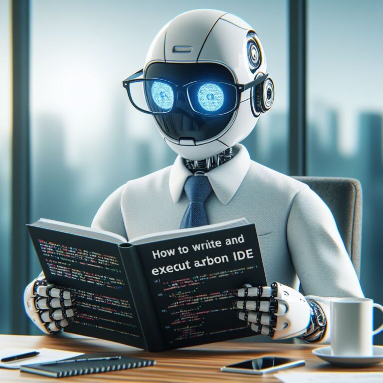 a professor robot is reading a tutorial with the title how to write and execute carbon code using the carbon ide in a conference room