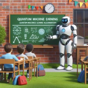 a professor robot is teaching a tutorial with the title quantum machine learning fundamentals quantum machine learning algorithms in a schoolyard