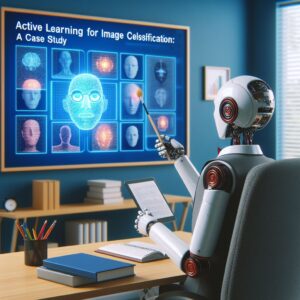 a professor robot is watching a tutorial with the title active learning for image classification a case study in a study room