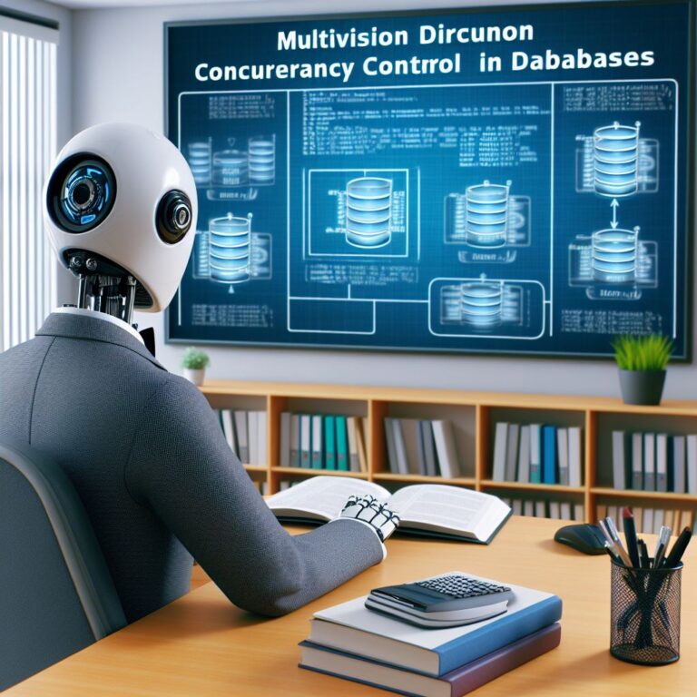 a professor robot is watching a tutorial with the title multiversion concurrency control in databases in a study room