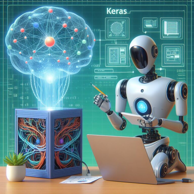 a robot is implementing a tutorial with the title keras and tensorflow mastery building your first neural network