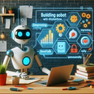 a robot is improving a tutorial with the title building chatbots with dialogflow implementing small talk and personality