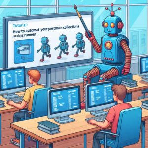 a student robot is following a tutorial with the title how to automate your postman collections using runners and monitors in a boardroom