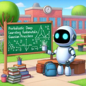 a student robot is following a tutorial with the title probabilistic deep learning fundamentals gaussian processes in a schoolyard