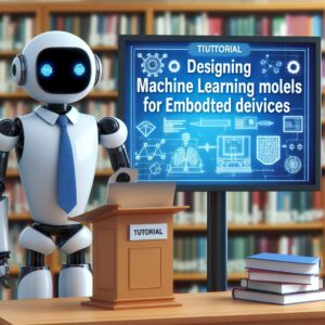 a student robot is presenting a tutorial with the title designing machine learning models for embedded devices in a library