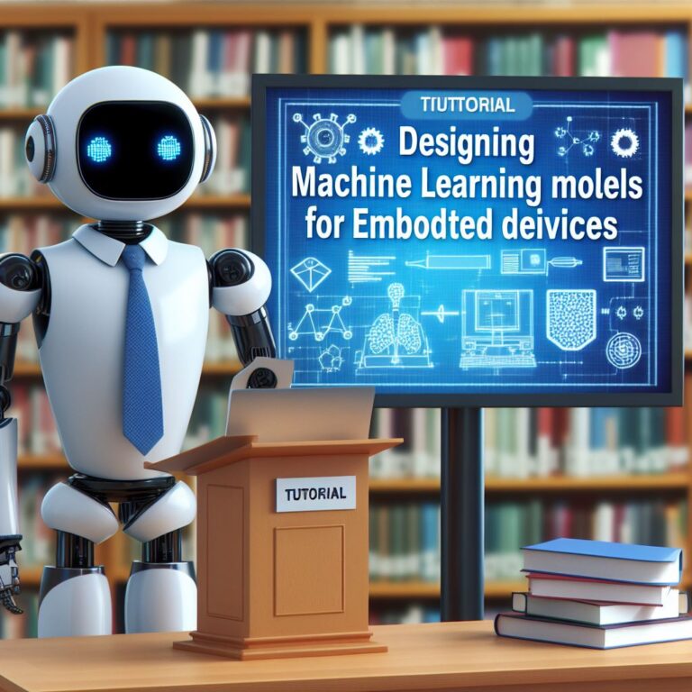 a student robot is presenting a tutorial with the title designing machine learning models for embedded devices in a library