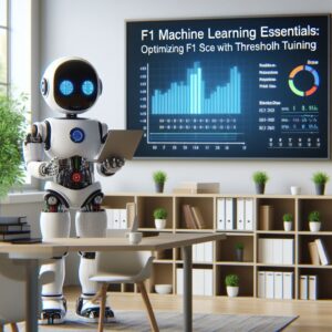 a student robot is presenting a tutorial with the title f1 machine learning essentials optimizing f1 score with threshold tuning in a office
