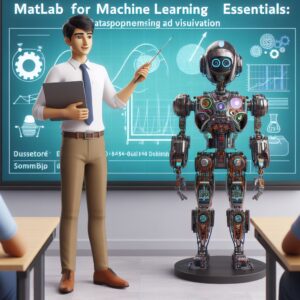 a student robot is presenting a tutorial with the title matlab for machine learning essentials data preprocessing and visualization in a campus