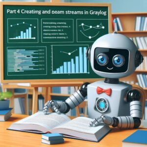 a student robot is publishing a tutorial with the title part 4 creating and managing streams in graylog in a class 1