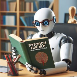a student robot is reading a tutorial with the title pytorch for nlp sentiment analysis with rnns in a office