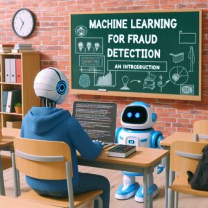a student robot is watching a tutorial with the title machine learning for fraud detection an introduction in a schoolyard