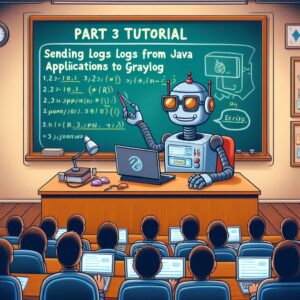 a student robot is watching a tutorial with the title part 3 sending logs from java applications to graylog in a lecture hall