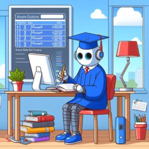 a student robot is writing a tutorial with the title azure data factory working with data sources and sinks in a office