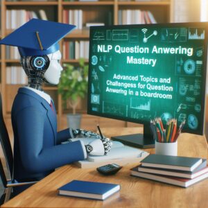 a student robot is writing a tutorial with the title nlp question answering mastery advanced topics and challenges for question answering in a boardroom
