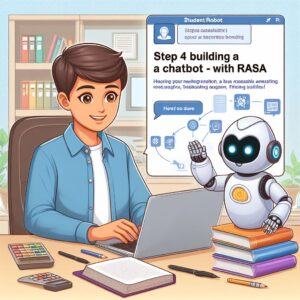 a student robot is writing a tutorial with the title step 4 building a chatbot with rasa in a office