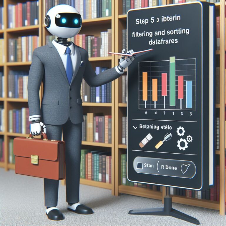 a businessman robot is following a tutorial with the title step 5 filtering and sorting dataframes in a library