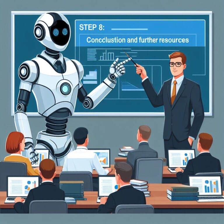a businessman robot is implementing a tutorial with the title step 8 conclusion and further resources in a class 1