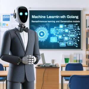 a businessman robot is presenting a tutorial with the title machine learning with golang reinforcement learning and generative models in a study room