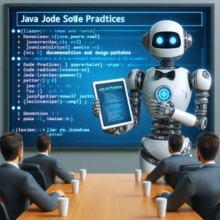 a businessman robot is publishing a tutorial with the title java best practices code style documentation and design patterns in a conference room