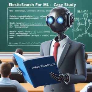 a businessman robot is reading a tutorial with the title elasticsearch for ml case study image recognition in a lecture hall