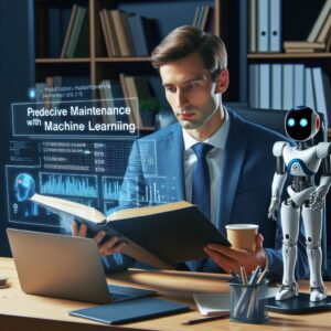 a businessman robot is reading a tutorial with the title predictive maintenance with machine learning classification models in a study room