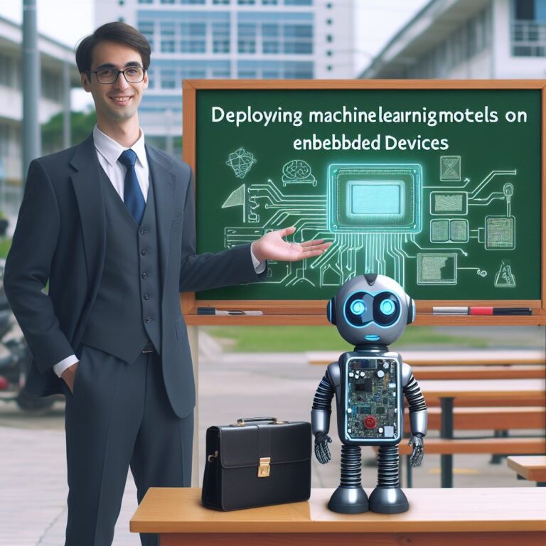 a businessman robot is watching a tutorial with the title deploying machine learning models on embedded devices in a schoolyard