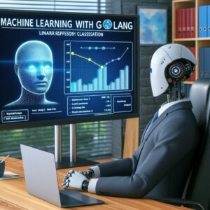a businessman robot is watching a tutorial with the title machine learning with golang linear regression and classification in a boardroom