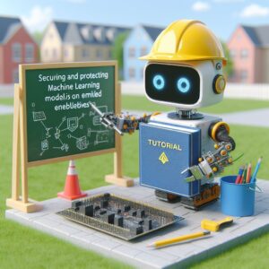 a engineer robot is designing a tutorial with the title securing and protecting machine learning models on embedded devices in a schoolyard