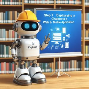 a engineer robot is presenting a tutorial with the title step 7 deploying a chatbot to a web or mobile application in a library