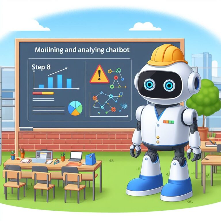 a engineer robot is presenting a tutorial with the title step 8 monitoring and analyzing a chatbot with rasa x in a schoolyard