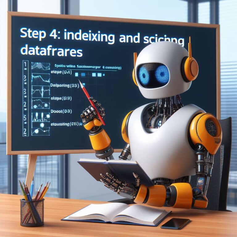 a engineer robot is writing a tutorial with the title step 4 indexing and slicing dataframes in a boardroom