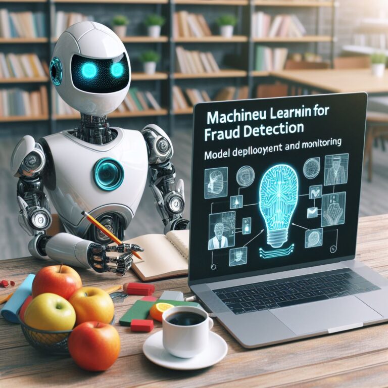 a entrepreneur robot is developing a tutorial with the title machine learning for fraud detection model deployment and monitoring in a schoolyard