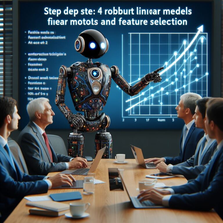 a entrepreneur robot is developing a tutorial with the title step 4 robust linear models and feature selection in a boardroom