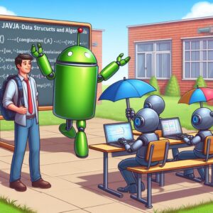 a entrepreneur robot is following a tutorial with the title java data structures and algorithms conclusion and resources in a schoolyard