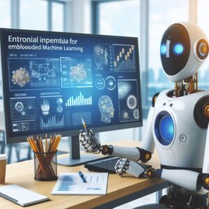 a entrepreneur robot is implementing a tutorial with the title best practices and tips for embedded machine learning in a conference room