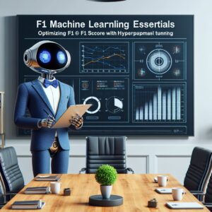 a entrepreneur robot is implementing a tutorial with the title f1 machine learning essentials optimizing f1 score with hyperparameter tuning in a boardroom