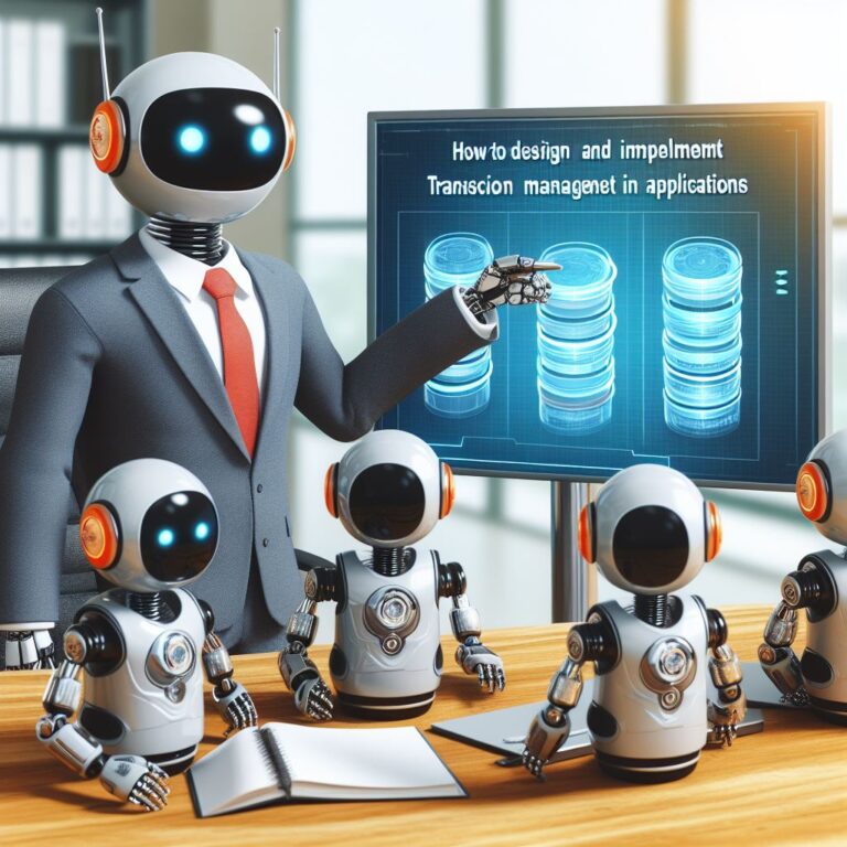 a entrepreneur robot is implementing a tutorial with the title how to design and implement transaction management in database applications in a boardroom