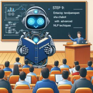 a entrepreneur robot is implementing a tutorial with the title step 9 enhancing a chatbot with advanced nlp techniques in a lecture hall