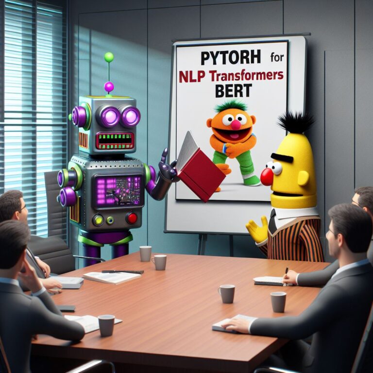 a entrepreneur robot is publishing a tutorial with the title pytorch for nlp transformers and bert in a boardroom