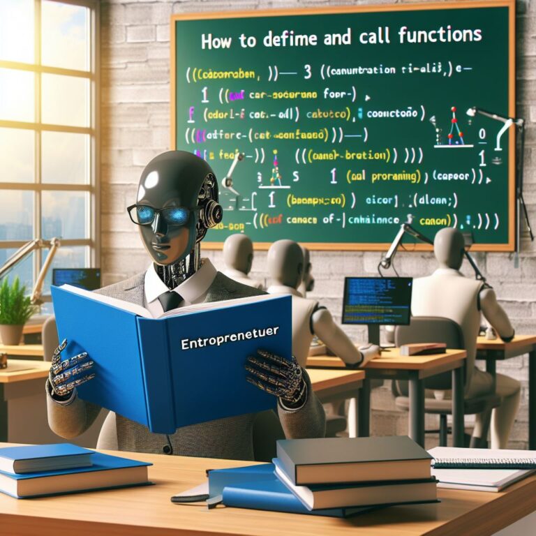 a entrepreneur robot is reading a tutorial with the title how to define and call functions in carbon programming in a class