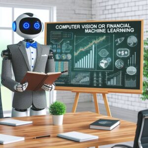 a entrepreneur robot is teaching a tutorial with the title computer vision for financial machine learning in a boardroom