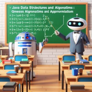 a entrepreneur robot is teaching a tutorial with the title java data structures and algorithms greedy algorithms and approximation algorithms in a schoolyard