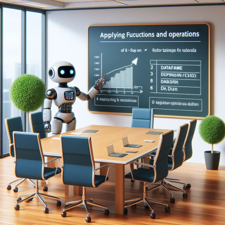 a explorer robot is implementing a tutorial with the title step 6 applying functions and operations to dataframes in a boardroom