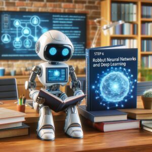 a explorer robot is reading a tutorial with the title step 6 robust neural networks and deep learning in a conference room