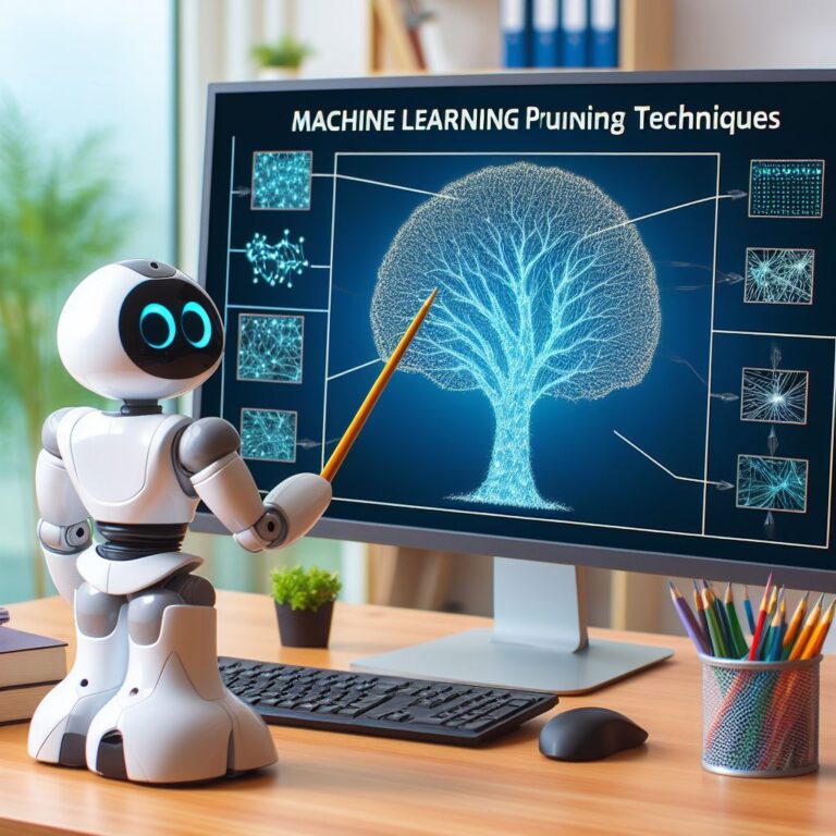 a explorer robot is watching a tutorial with the title machine learning pruning techniques pruning neural networks in a office
