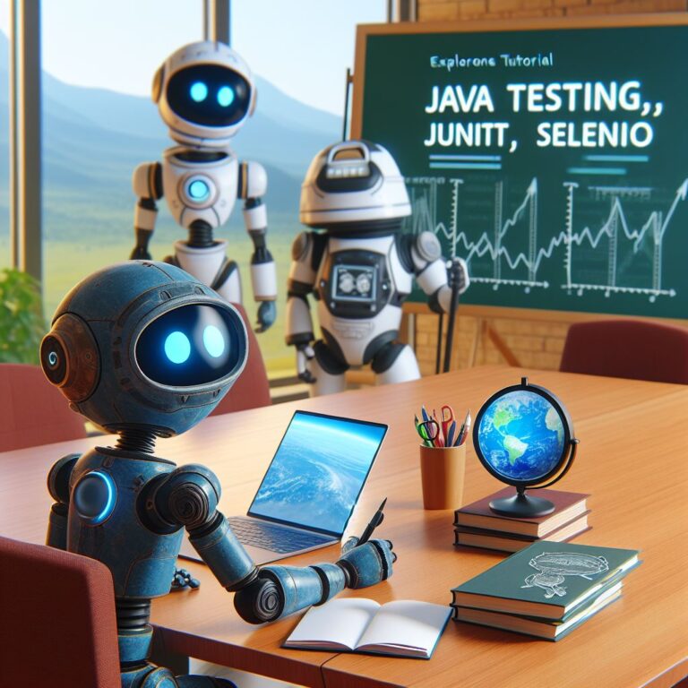 a explorer robot is writing a tutorial with the title java testing junit mockito and selenium in a conference room