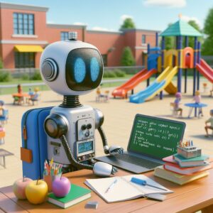 a explorer robot is writing a tutorial with the title pytorch for nlp text generation with gpt 2 in a schoolyard