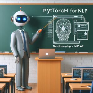 a professor robot is designing a tutorial with the title pytorch for nlp deploying a nlp model as a web app in a lecture hall