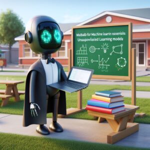 a professor robot is following a tutorial with the title matlab for machine learning essentials unsupervised learning models in a schoolyard