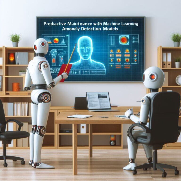a professor robot is following a tutorial with the title predictive maintenance with machine learning anomaly detection models in a office